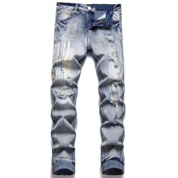 Mens Slim Fit ג 'ינס מודפס קרע למתוח מכנסי ג' ינס רקמה האופנוען ג ' ינס באגי היפ הופ אופנת רחוב מעצב מותג מכנסיים