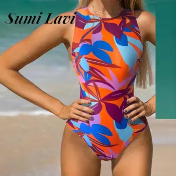 נשים שמרניות חליפת צלילה הקיץ או הצוואר שרוולים רזה בגדי אופנה ניגוד צבעי גב רוכסן חתיכה אחת Beachwear