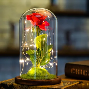 LED זוהר רוז בתוך כיפת זכוכית יפה על סוללות אדום פרח פיות מחרוזת אור ליום האהבה של אמא מתנות יום