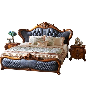 Ugyen מיטת עץ עץ מגולף שכבה ראשונה עור פרה מיטה זוגית מזל מיטות יוקרה