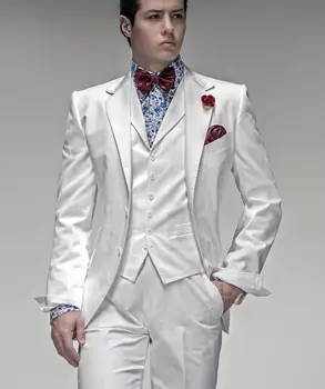 דש שני כפתורים חליפות גברים אופנה מחויט Terno Masculino סלים יוקרתי HombresBlazer(ז ' קט+מכנסיים+Bowtie+מטפחות+וסט)