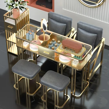 איטלקי אור יוקרה זכוכית מסמר שולחנות זהב עם מגירה מניקור שולחנות סלון מודרני ריהוט סלון יופי שולחן כיסא להגדיר