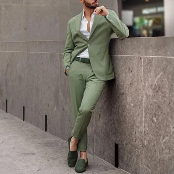 אור ירוק דש מעיל מכנסיים חליפות גברים טוקסידו לנשף תחפושות Homme חתונה רשמית בגדים גדול בכיס 2pcs ' קט מכנסיים