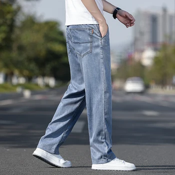 עסקים גבוהה המותניים מכנסיים רופפים אביב/קיץ דק רך Lyocell בד ג ' ינס של גברים רופף ישר מכנסיים קוריאה מזדמנים מכנסיים