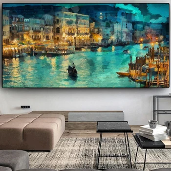ונציה בלילה נוף בד ציור קיר אמנות מופשטת המפורסמים של העיר להציג פוסטר טביעות סלון עיצוב הבית אסתטי