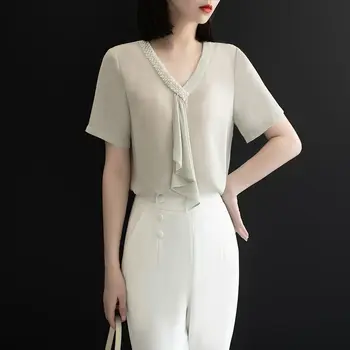 חולצות צבע מוצק מקרית מזג V-צוואר רופף אלגנטי טלאים אופנה לשרוך קוריאנית אביב קיץ בגדי נשים 2023
