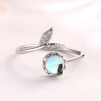 חדש בת ים טבעת זירקון קוריאנית-הירח זכוכית Fishtail פתח מתכוונן טבעת אצבע לנשים בנות אופנה, עיצוב תכשיטים, מתנה
