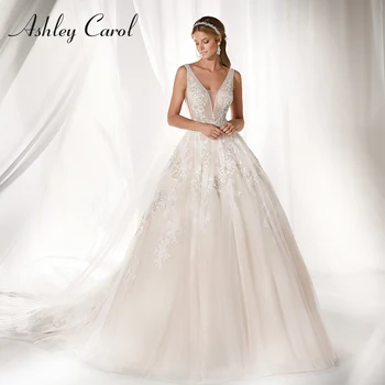 אשלי קרול קו שמלת החתונה 2022 סקסית V-מחשוף ללא משענת חרוזים אפליקציות הכלה שמלה רומנטית נסיכה שמלות כלה