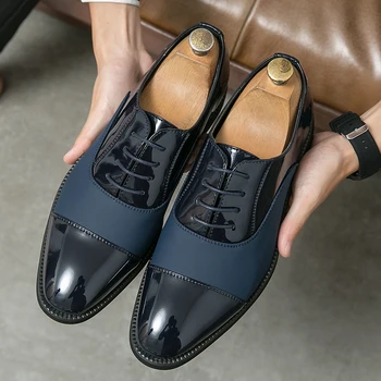 איטלקי Mens שחור כחול שמלה נעלי חתונת עור אמיתי תחרה Mens נעלי אוקספורד Brogue קלאסי אנשי עסקים רשמית נעליים