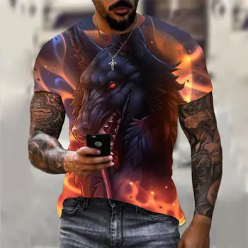 בציר זאב חולצה Mens 3D להדפיס בעלי החיים שרוול קצר חולצות מקרית ברחוב אריה נלחם החולצה הענקית חולצת טריקו בגדי גברים