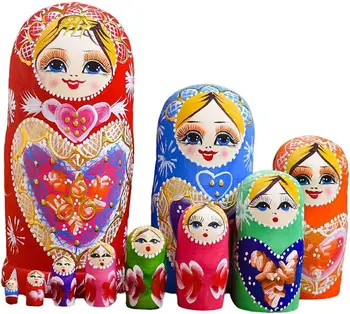 סט של 10 עץ רוסי קינון בובות להגדיר Matryoshka צעצועים בעבודת יד