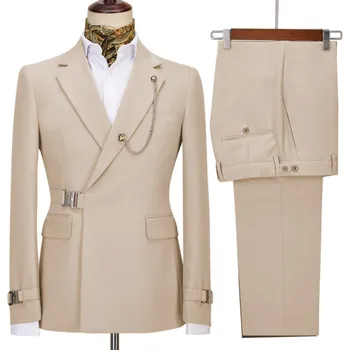 בז ' כפול עם חזה Mens חליפות 2 חלקים חגורת עיצוב מעיל שאיפה האחרונות עיצוב חתונה חליפות חתן הנשף טוקסידו בלייזר להגדיר