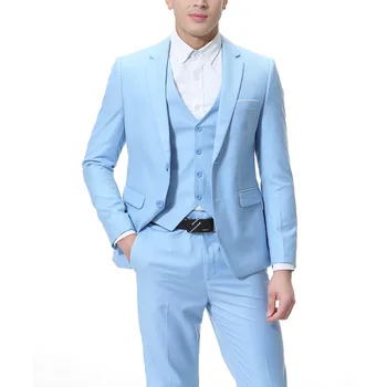 Lansboter שמיים כחולים גברים חליפה 3 חלקים סלים מתאים עסקי מזדמן לחתונה החתן סעודה רשמית להגדיר את מעיל האפוד עם מכנסיים
