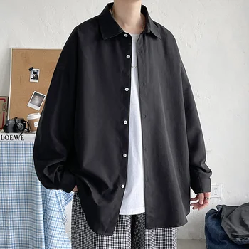 אופנה קוריאנית שחורה שרוול ארוך חולצות 2023 Mens Harajuku שחור גדול כפתור החולצה למעלה חולצות חולצות 5XL