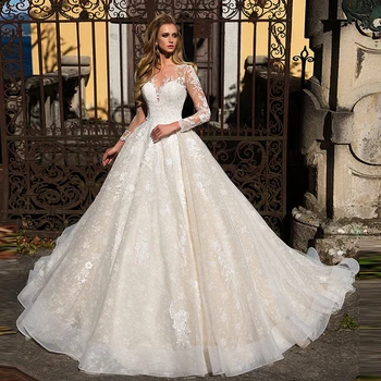 הנסיכה אפליקציות תחרה שמלת נשף שמלות חתונה Vestido De Noiva נסיכה כפתור חזרה שרוול ארוך שמלת החתונה Brautkleid
