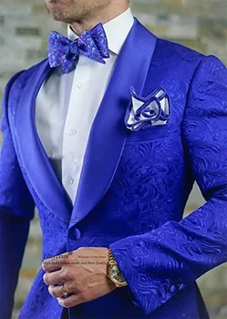 כחול רויאל ג ' אקארד חליפות גברים הצעיף דש חתן חתונה חליפות 2 חלקים סטים השושבינים ללבוש בלייזר Slim Fit זכר תחפושת Homme