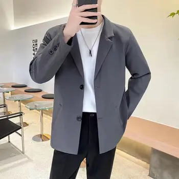 אופנה החדשה הגברים בלייזר קוריאני סגנון מוצק צבע אופנת רחוב דש שרוול ארוך מקרית Slim Fit חליפות כפתור זכר דק ' קטים