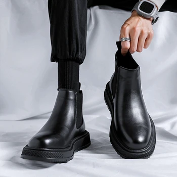 אביב/חורף גברים מגפי צ ' לסי,בסגנון בריטי אופנה מגפי קרסול,שחור Brogues עור אמיתי מזדמנים נעלי Brouge מגפיים 2023