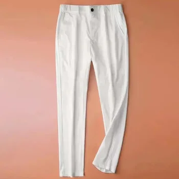 גבר מכנסי כותנה פשתן לבן הקיץ מוצק צבע לנשימה פשתן מכנסיים זכר מזדמן רזה אלסטי המותניים כושר מכנסיים 2022