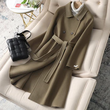 מוצק דו צדדית 100%צמר מעיל נשים חגורת אמצע אורך אופנה קוריאנית כפול עם חזה אלגנטי מעיל החורף