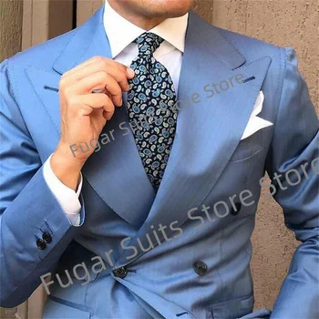 עסקים כחול חתונה אדם מתאים Slim Fit כפול עם חזה החתן Formasl חליפות 2 חלקים סטים Luxuly זכר בלייזר תחפושת Homme
