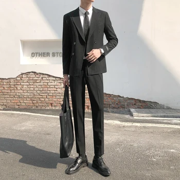 גברים 2022 אביב סתיו חדש שתי ערכות קטע גברים כפול עם חזה חתן חתונה מעילים + מכנסיים רשמית Slim Fit Mens חליפות C110