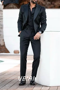 שחור חליפות גברים לשיא דש כפתור אחד מעיל ז ' קט טוקסידו חתן חתונה ללבוש לנשף ערב חליפת העסקים מעיל+מכנסיים לחלק 2