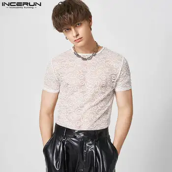 INCERUN מקסימום 2023 בסגנון אמריקאי נאה Mens מוצק מקרית Camiseta אופנה סקסית נטו חוט הדפסה שרוולים קצרים חולצות S-5XL
