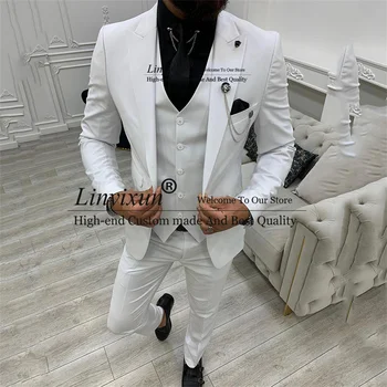 האופנה חתונה לבנה חליפות לגברים 3 חתיכות קבוצות עסקים זכר בלייזרס Slim Fit החתן טוקסידו לנשף השושבינים Terno Masculino