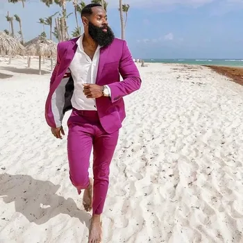 קיץ חוף גברים חליפות סגול מעיל ז ' קט טוקסידו חתונה נשף מסיבת חליפה 2 חלקים תחפושת Homme חיצונית Mens ללבוש מעיל+מכנסיים