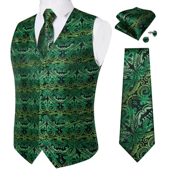 מעולה גילט Homme גברים ירוק פייזלי האפוד עניבה חפתים מטפחת להגדיר עבור העסק אופנה מקטורן V-אדם האפוד