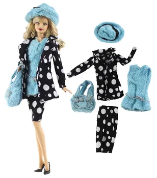 5 פריטים/סט בגדי בובה מעיל שחור + כחול חולצה + תיק+ כובע +Trouseres על בובת ברבי אביזרי אופנה לתלבושת צעצועים