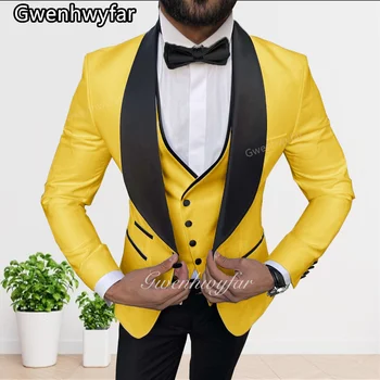 Gwenhwyfar 2023 עיצוב חדש סריג שחור צווארון אחת עם חזה של גברים להגדיר עסקי מזדמן מסיבת חליפה צהובה בלייזר המכנסיים