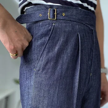 ג 'ינס כחולה Mens שמלת שאיפה גבוהה המותניים ישר מכנסיים גברים האביב עסק צדדי חגורת מכנסי ג' נטלמן פריז כפתור המכנסיים