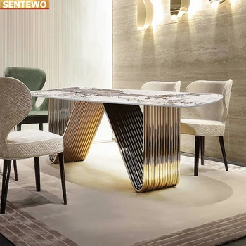 מעצב יוקרה בחדר האוכל סלע השיש לוח שולחן האוכל סט 6 כסאות מסה esstisch רהיטים marbre פלדה אל חלד מוזהב