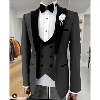 שחור עסקים חתונה חליפות גברים 3 יח לשיא דש כפתור אחד Terno Masculino Slim Fit עסקים זכר חליפות חתן הנשף בלייזר