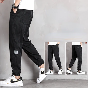 2023 הקיץ למתוח את הקרסול ג ' ינס של גברים טקסט רקמה באגי אלסטי המותניים הרלן מטען אצן מכנסיים זכר אפור גודל גדול