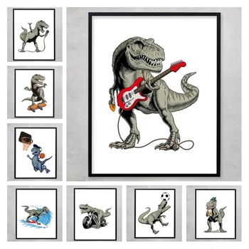 קריקטורה ספורט מוסיקה דינוזאור איור פוסטר הדפסת טי-רקס טירנוזאורוס רקס בד ציור קיר אמנות עיצוב הסלון מתנה