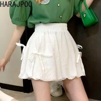 Harajpoo קוריאני נשים ניצן פרח קצר מכנסיים 2023 הקיץ ילדה מתוקה בציר Harajuku גבוה מותן רחבה רגל מזדמנים מכנסיים קצרים מוצקים
