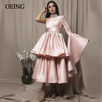 OEING הורוד כתף אחת שמלת ערב פשוטה עם קפלים נשף שמלת תה באורך נשים Abendkleider רשמית אירוע