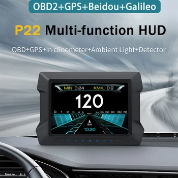 P22 האד תצוגה עילית המכונית דיגיטלית מים שמן זמנית טורבו לחץ Inclinometer OBD2 GPS מהירות מד מתח נמוך אזעקה האד 헤드업 디스플레이