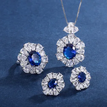 כחול Tanzanite עגיל לנשים תליון פרח שרשרת שמאי טבעת מתנה קוריאה סגנון אופנה יוקרה בציר בסדר סט התכשיטים