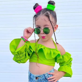 2023 אופנה חדשה לפעוטות ילדים בייבי בנות תחרה רשת פאף שרוול קפלים צמרות חולצות קיץ מחוץ כתף ירוק Y2K גבי הבגדים