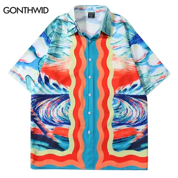 בציר חולצת הוואי Y2K קיץ צבעוני הדפס שרוול קצר לחצן חוף חולצות אופנת רחוב 2023 גברים אופנה מזדמן החולצה העליון.