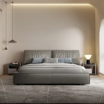 איטלקי מינימליסטי עור המיטה, מודרני מינימליסטי 1.8 מטר מיטה מרופדים, מאסטר חדר שינה עץ מלא מיטה זוגית, אור יוקרה
